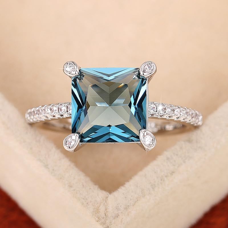 Htayekog Blue quadriprong Square Zircon Ring Promise Rings for her, Diamond Ring Eternity Rings Cocktail Ring 18K Gold Plated for Women Square cz Engagement Ring Promise Engagement Band Size 6-10（8） - Image 1